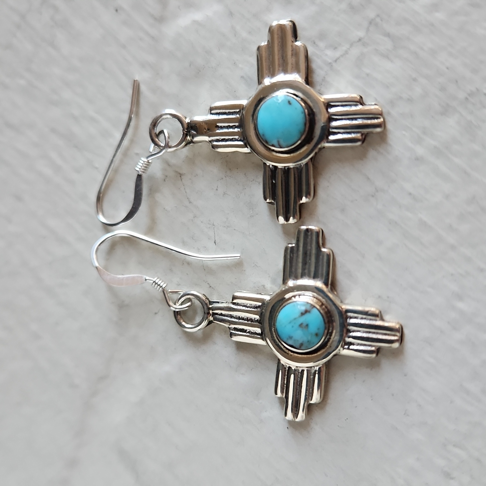 Nwot Native American Navajo Turquoise & Sterling Zia Sun Dangle Earrings